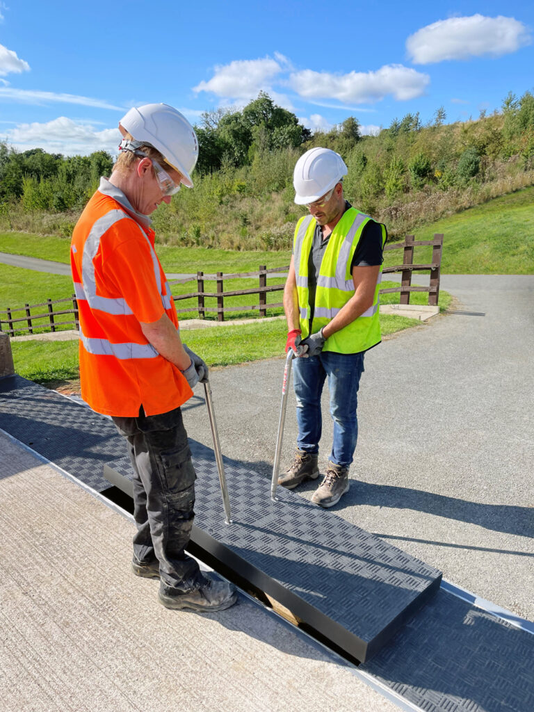Fibrelite’s lightweight trench covers can safely be removed and replaced manually by two people (Image used for illustration purposes and shows a different installation)