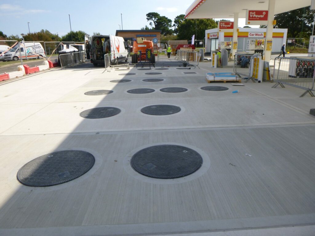 Fibrelite’s composite manhole covers appear bunched together on the surface to cover the joint chambers